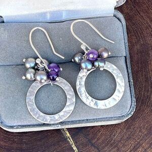 Vintage Sterling Silver Hoop Earrings with faux pearls Jewelry Gift